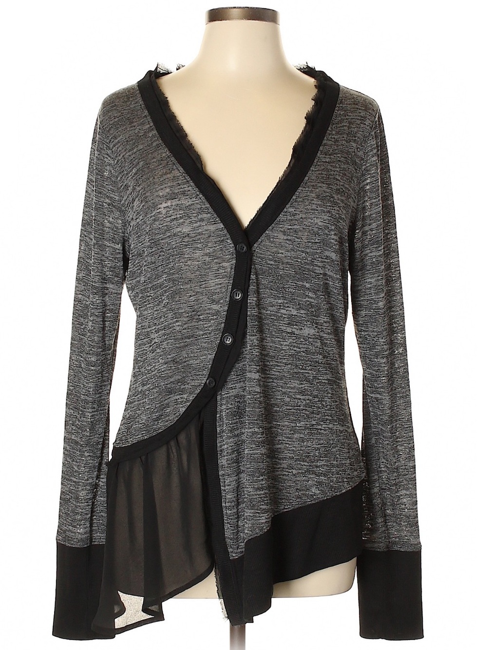 Anthropologie Meadow Rue Askew Ruffle Cardigan XL Gray Black Chiffon Asymmetric